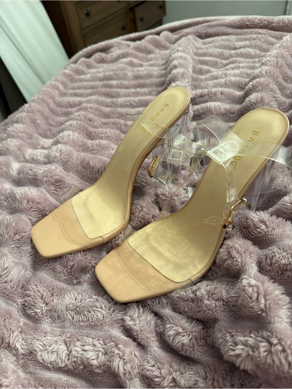 BAMBOO Nude Clear Strap Block Heel Mules-size 9 - Picture 3 of 3